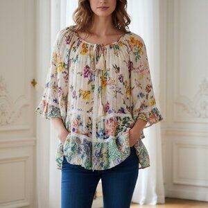 Ruby Ya Ya Off White Multi Floral Lace Peasant Top Medium